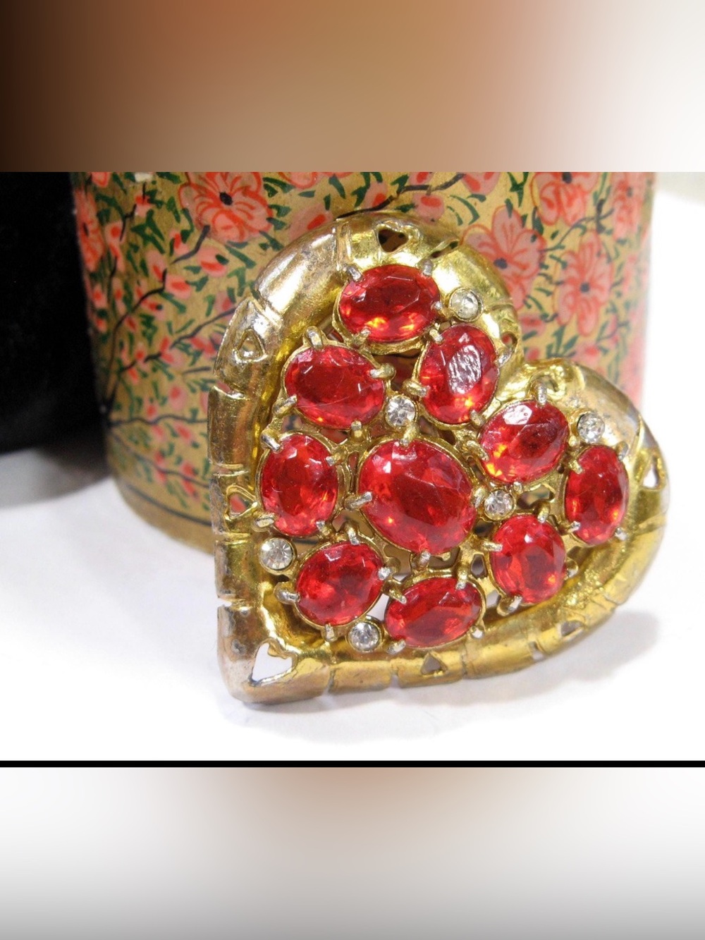Vintage Gold Heart Brooch with Red stones - valentine Women Jewelry